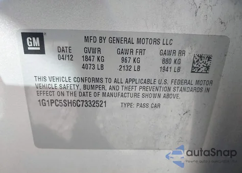 2012 Chevrolet Cruze Ls из США, поврежденный, VIN 1G1PC5SH6C7332521